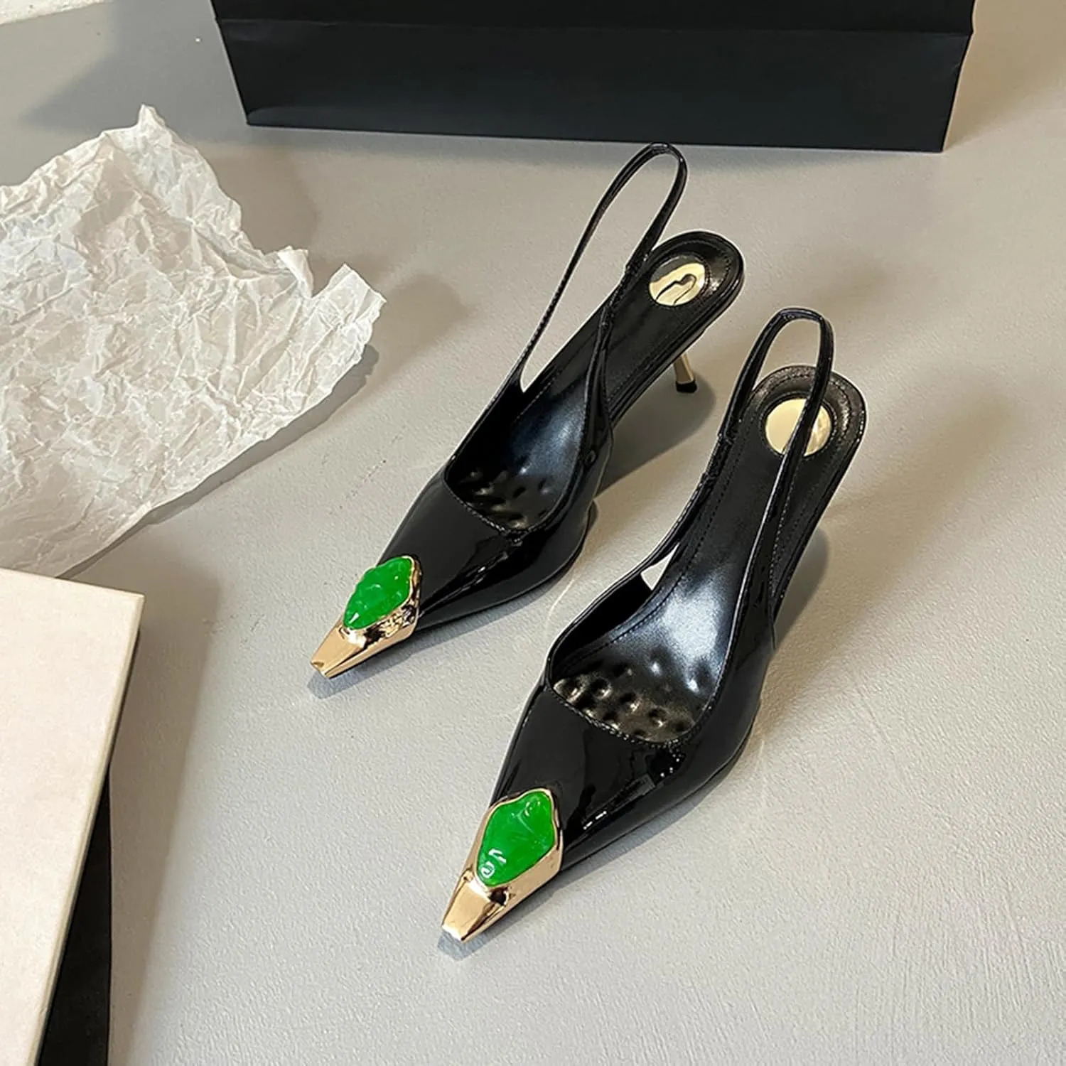THESHY Womens Slingback High Heels Metal Pointed Toe Stiletto Heels Gems Embellished Stretch Slingback Pumps Patent Leather Fashion Party Dress Shoes for Women