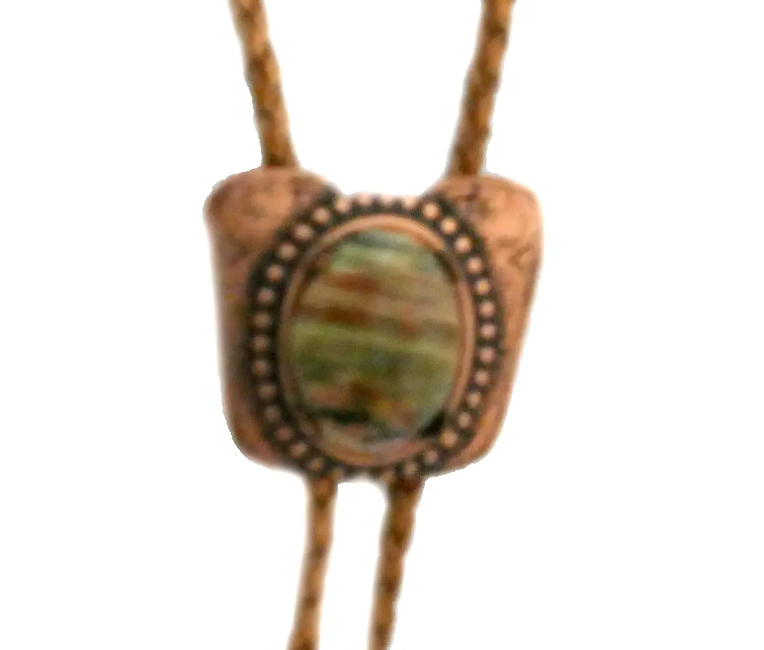 This Bolo Has a Classic Copper Tone Cowboy Slide with Striped Jasper and Copper Metallic Cord with Copper Tone Tips