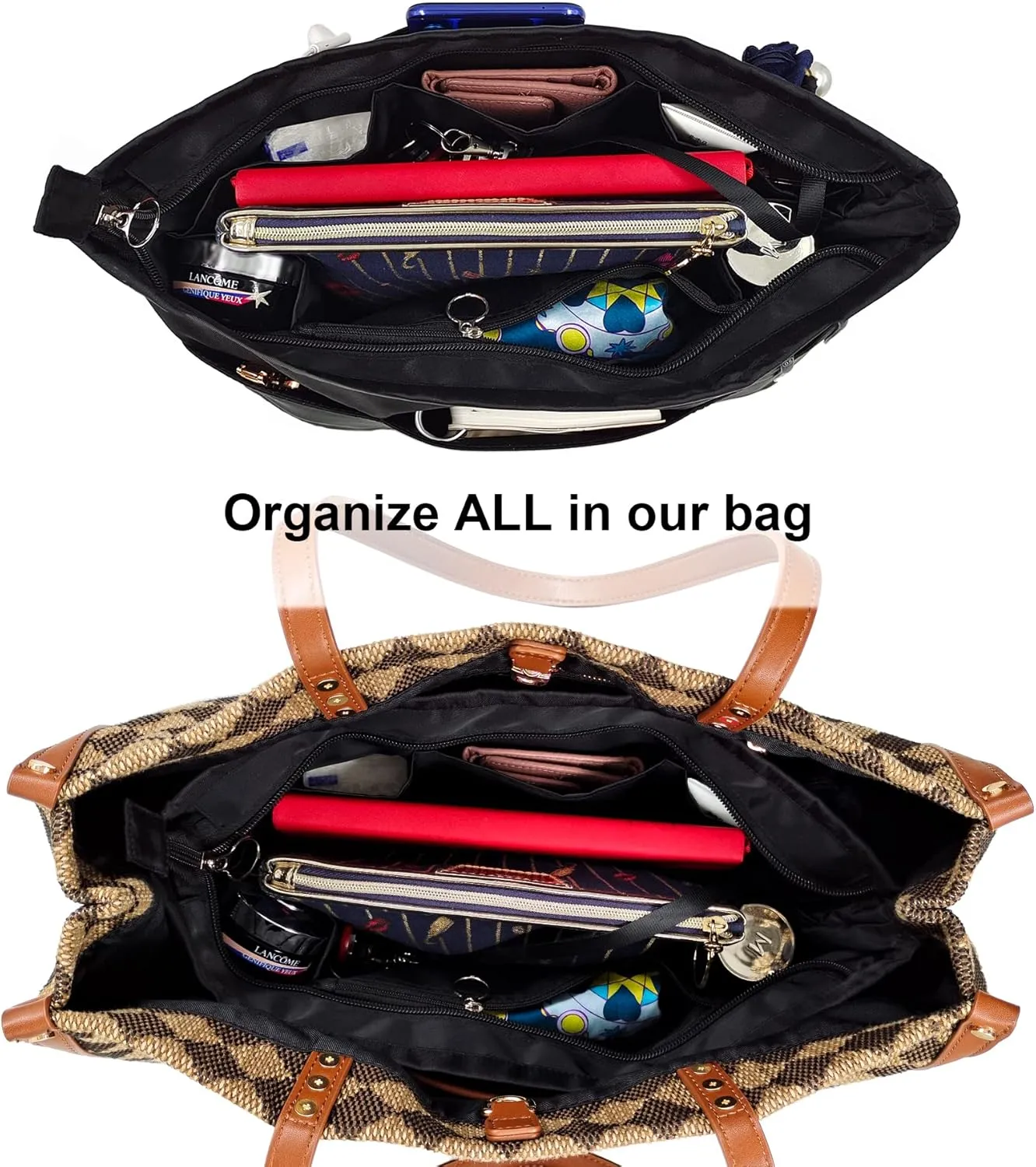 Time Wing Purse Organizer Insert Tote Handbag Organizer Divider Bag in Bag Shaper Liner Multi Pockets Compartments Zippers Key Chain X Large Black
