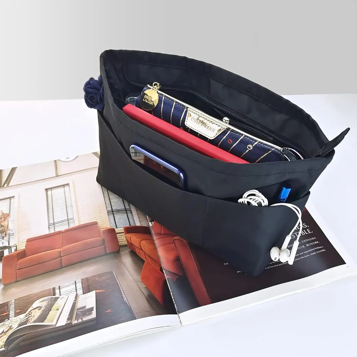 Time Wing Purse Organizer Insert Tote Handbag Organizer Divider Bag in Bag Shaper Liner Multi Pockets Compartments Zippers Key Chain X Large Black