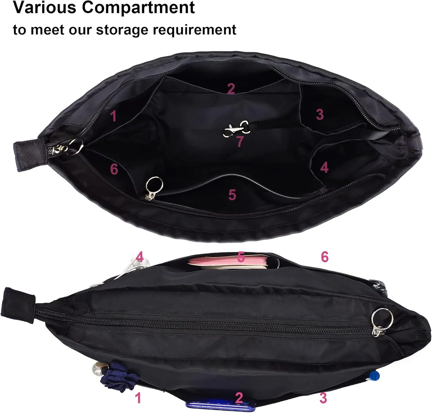 Time Wing Purse Organizer Insert Tote Handbag Organizer Divider Bag in Bag Shaper Liner Multi Pockets Compartments Zippers Key Chain X Large Black