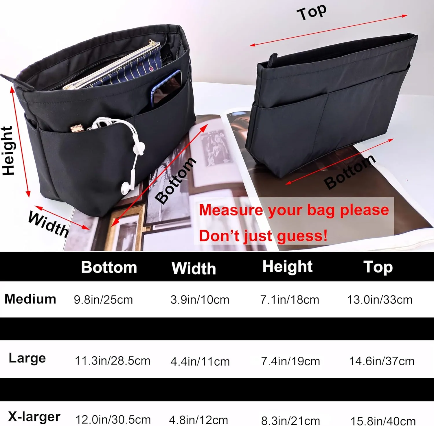 Time Wing Purse Organizer Insert Tote Handbag Organizer Divider Bag in Bag Shaper Liner Multi Pockets Compartments Zippers Key Chain X Large Black