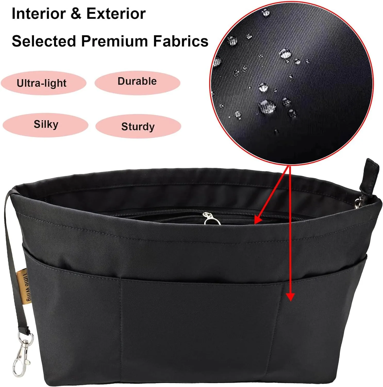 Time Wing Purse Organizer Insert Tote Handbag Organizer Divider Bag in Bag Shaper Liner Multi Pockets Compartments Zippers Key Chain X Large Black