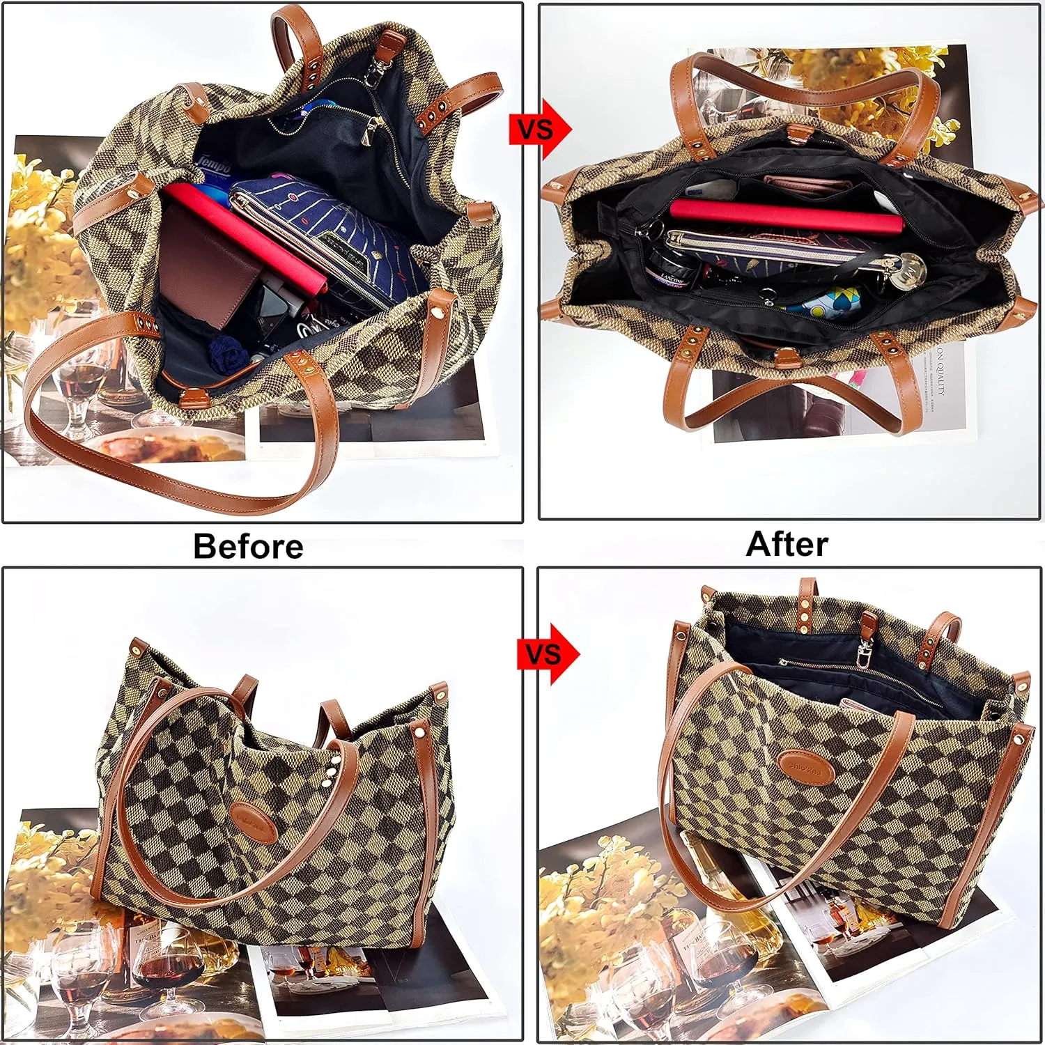Time Wing Purse Organizer Insert Tote Handbag Organizer Divider Bag in Bag Shaper Liner Multi Pockets Compartments Zippers Key Chain X Large Black