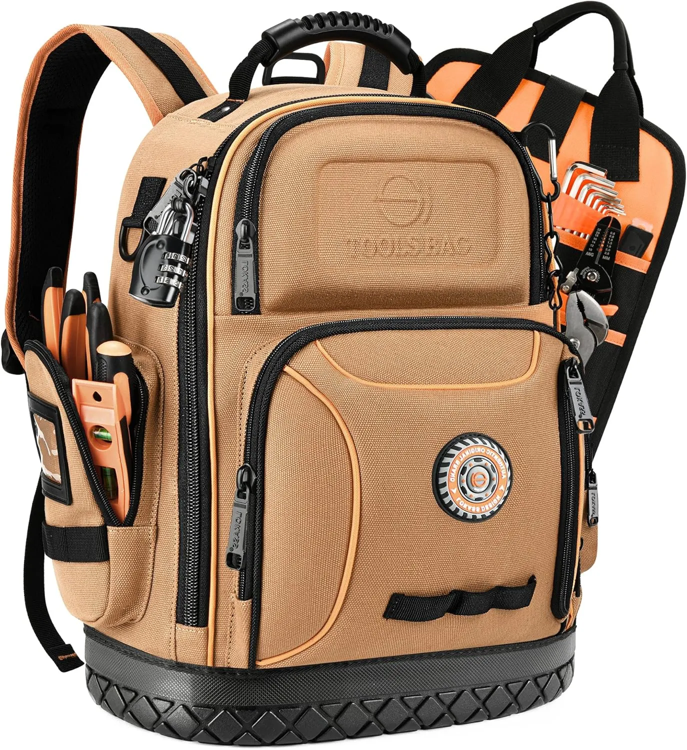 Tool Backpack Bag, Durable Electrician Backpack Tool Bag for HVAC with Waterproof Molded Base, Construction Work Heavy Duty Tools Organizer Bags with Combination Lock Large - Brown