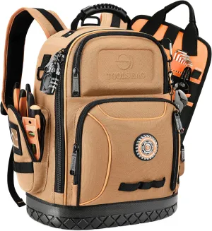Tool Backpack Bag, Durable Electrician Backpack Tool Bag for HVAC with Waterproof Molded Base, Construction Work Heavy Duty Tools Organizer Bags with Combination Lock Large - Brown