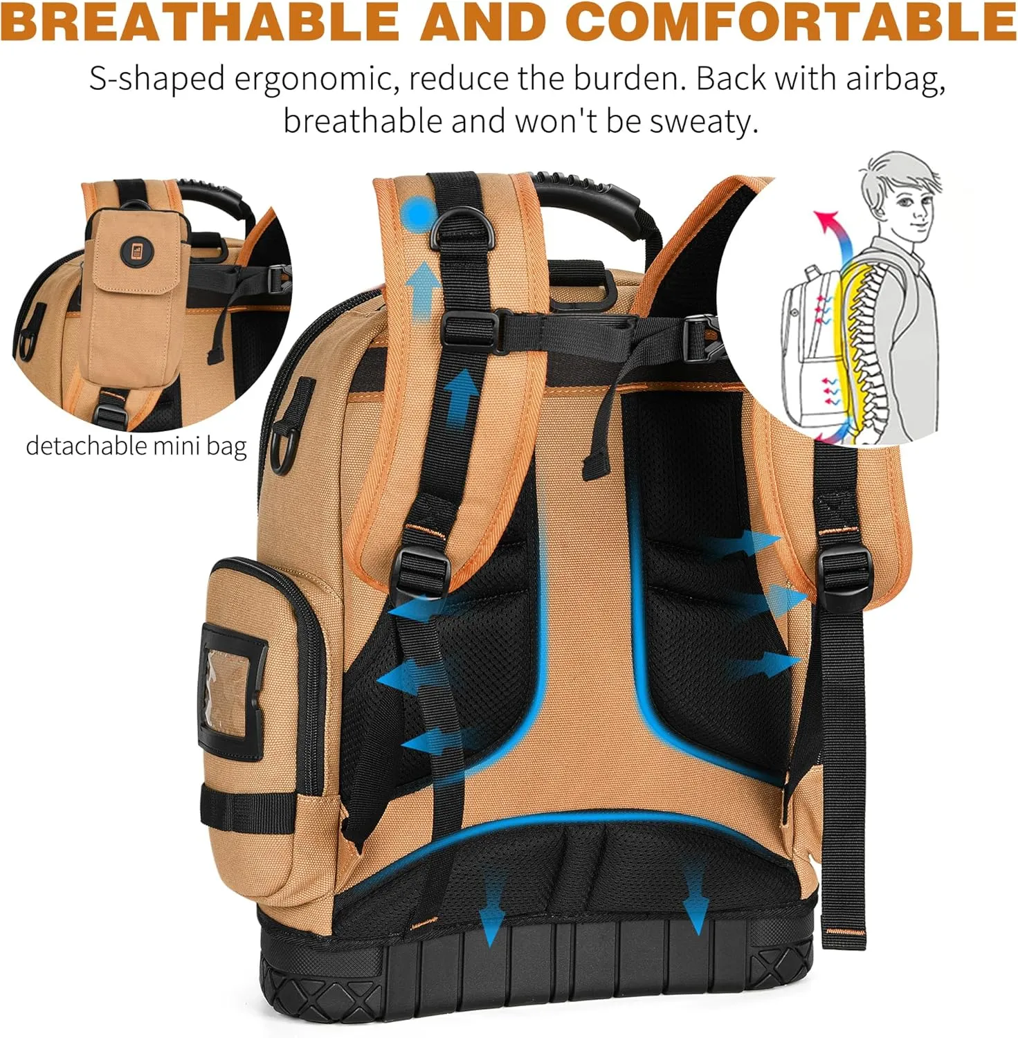 Tool Backpack Bag, Durable Electrician Backpack Tool Bag for HVAC with Waterproof Molded Base, Construction Work Heavy Duty Tools Organizer Bags with Combination Lock Large - Brown