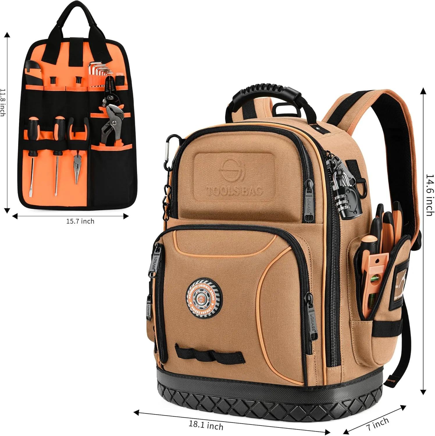 Tool Backpack Bag, Durable Electrician Backpack Tool Bag for HVAC with Waterproof Molded Base, Construction Work Heavy Duty Tools Organizer Bags with Combination Lock Large - Brown