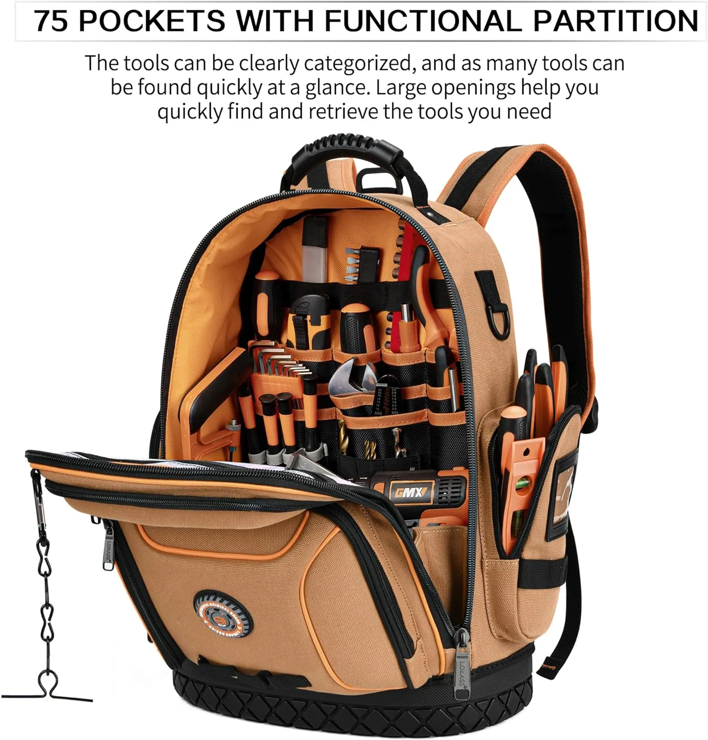 Tool Backpack Bag, Durable Electrician Backpack Tool Bag for HVAC with Waterproof Molded Base, Construction Work Heavy Duty Tools Organizer Bags with Combination Lock Large - Brown