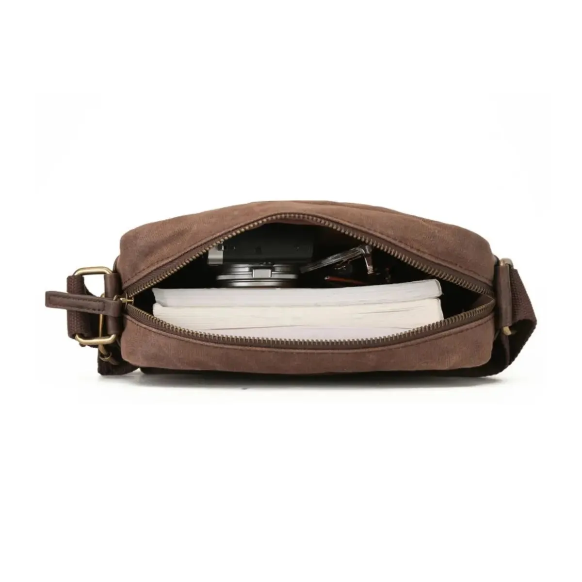 Tosca Waxed Canvas Crossbody Bag with Buckle - Brown