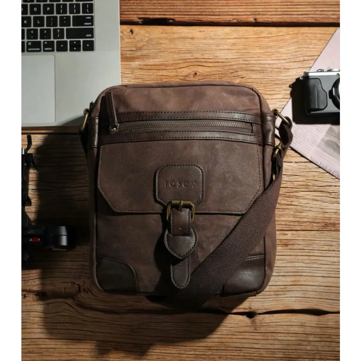 Tosca Waxed Canvas Crossbody Bag with Buckle - Brown