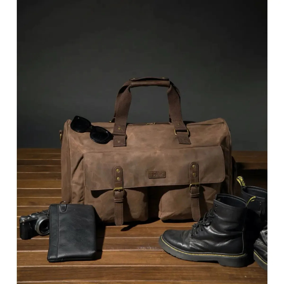 Tosca Waxed Canvas Duffle Bag with Pockets - Brown