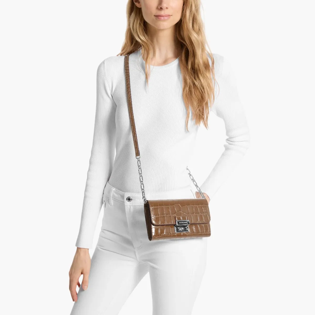 Tribeca Large Crocodile Embossed Leather Convertible Crossbody Bag