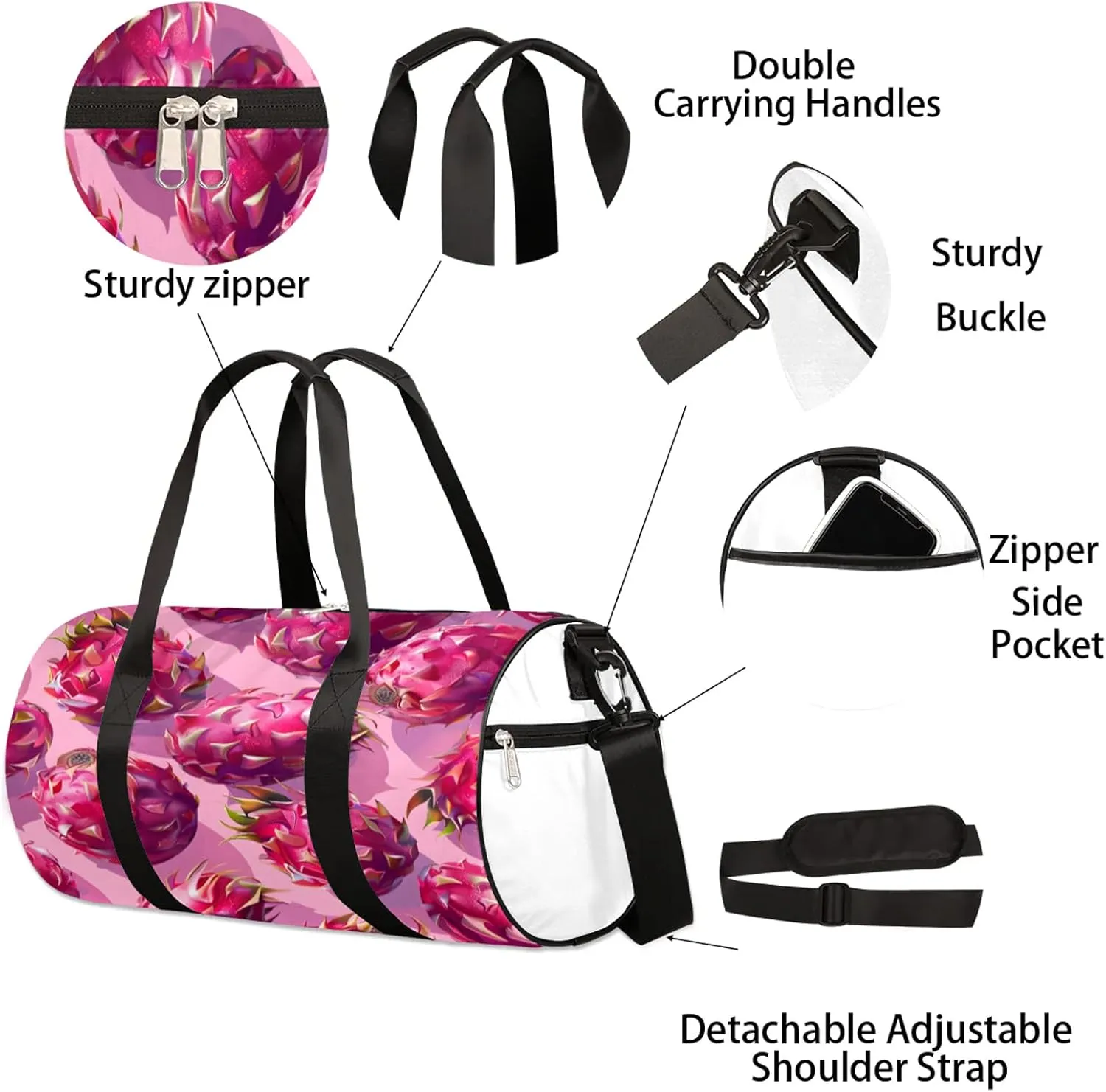 Tropical Fruits Dragon Fruit Sports Gym Bag for Men Women Lightweight Travel Duffle Bag with Shoulder Strap Waterproof Carry On Weekender Overnight Bag for Travel Sports Gym