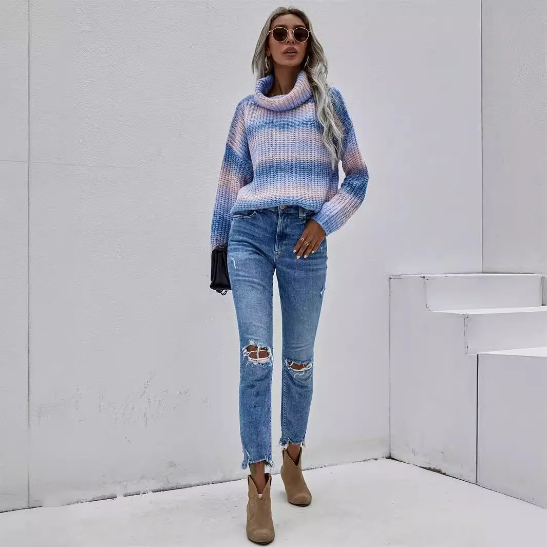 Turtleneck Faded Ombre Knit Sweater
