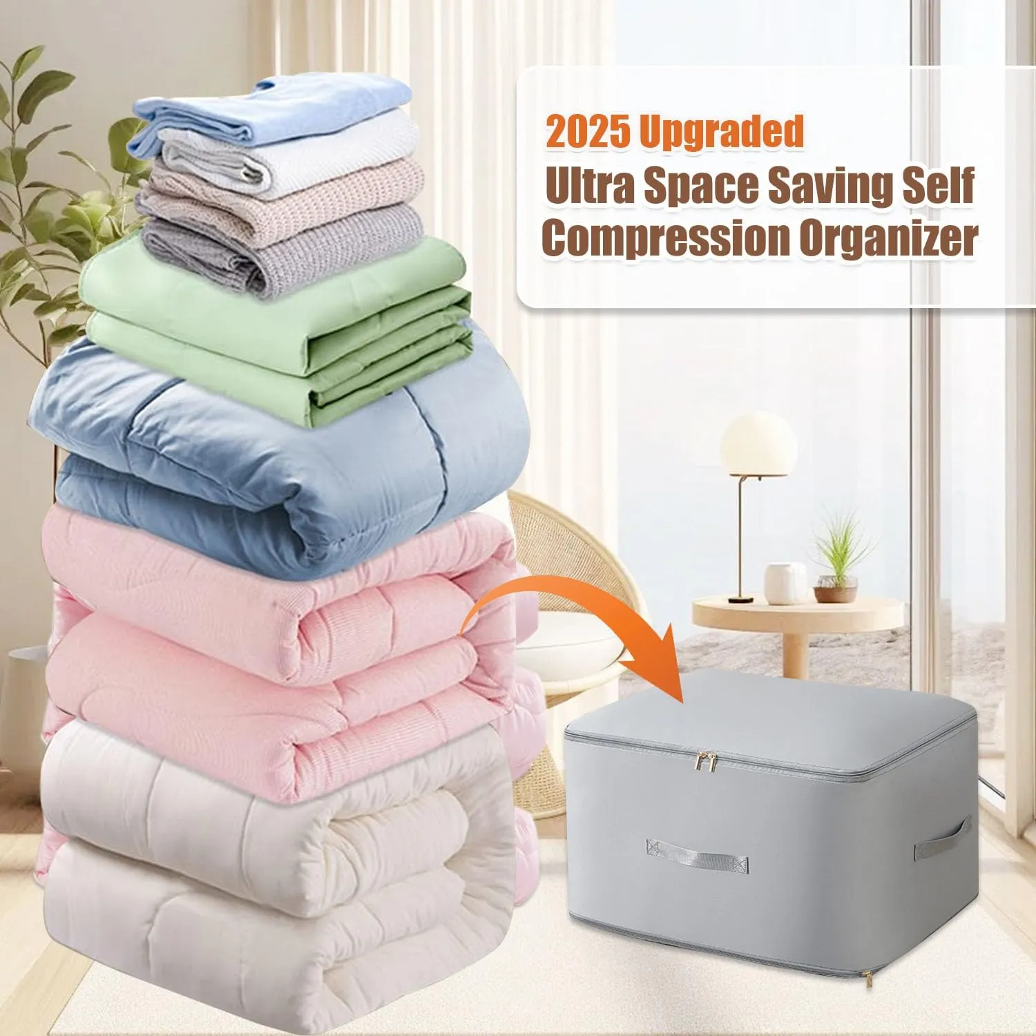 Ultra Space Saving Self Compression Organizer, 2025 Upgraded Space Saving Organizer, Premium Comforter Packaging Cube Bedding Storage Bag (Light Grey, Large 544230cm)