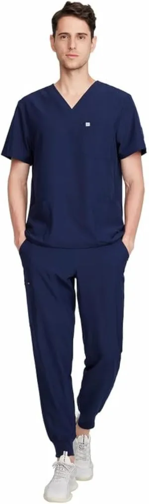 Uniforms World Louis Scrubs Set for Men — Classic V-Neck Stretch Top & Jogger Pants Yoga Waistband, 8 Pockets
