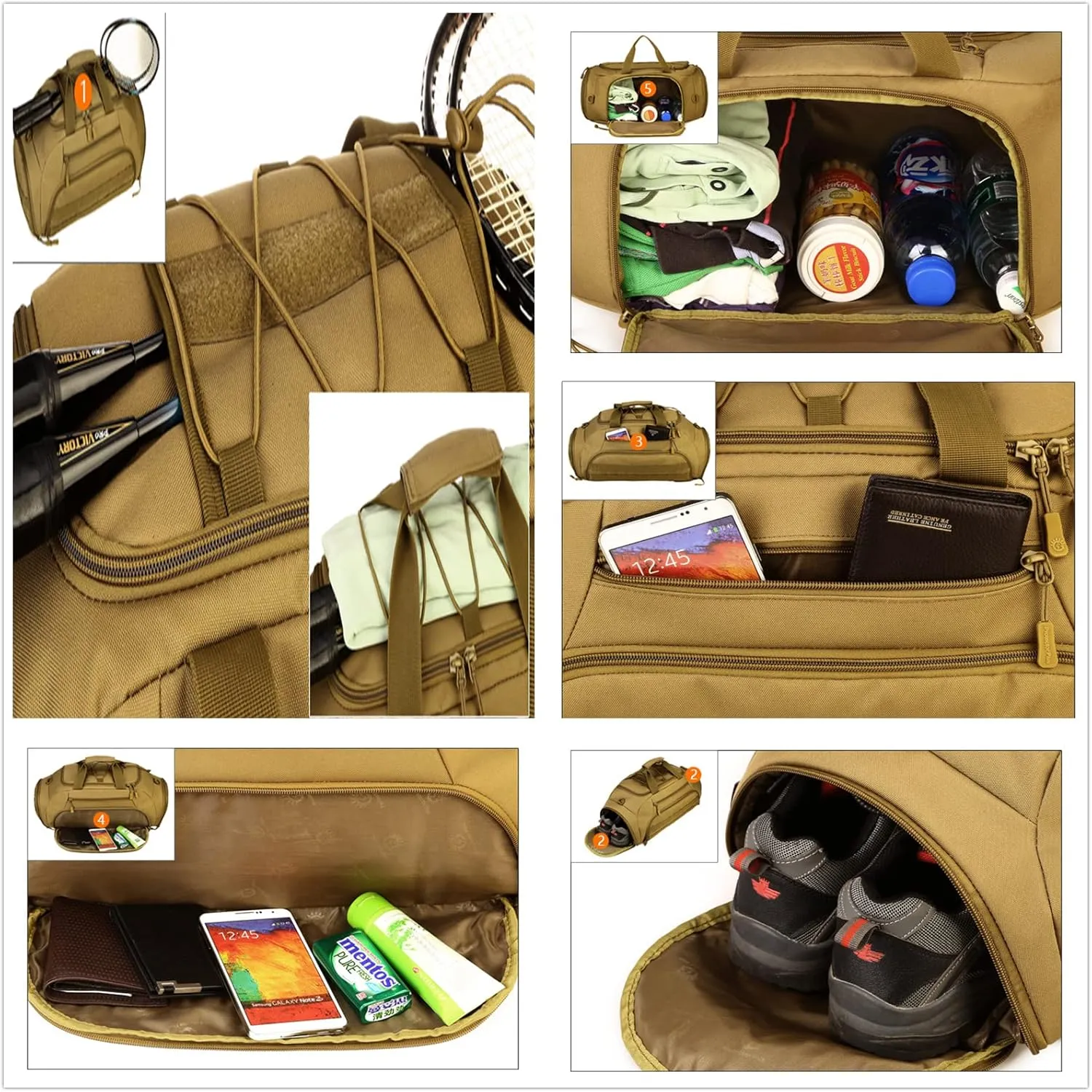 UNISTRENGH 3-Ways Tactical Military Nylon Men Holdall Weekend Travel Duffel Bag Backpack Messenger Shoulder Bags Rucksack Handbag (Coyote Brown)