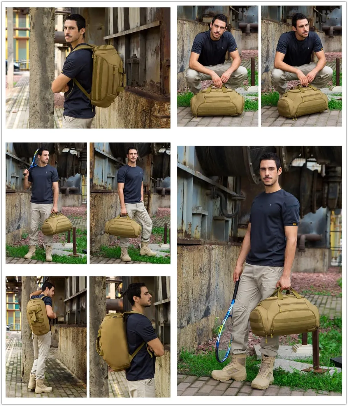 UNISTRENGH 3-Ways Tactical Military Nylon Men Holdall Weekend Travel Duffel Bag Backpack Messenger Shoulder Bags Rucksack Handbag (Coyote Brown)
