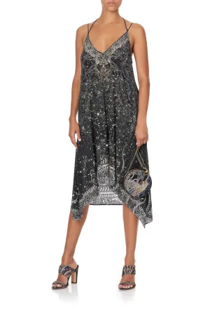V-NECK STRAPPY FLARE DRESS MIDNIGHT PEARL
