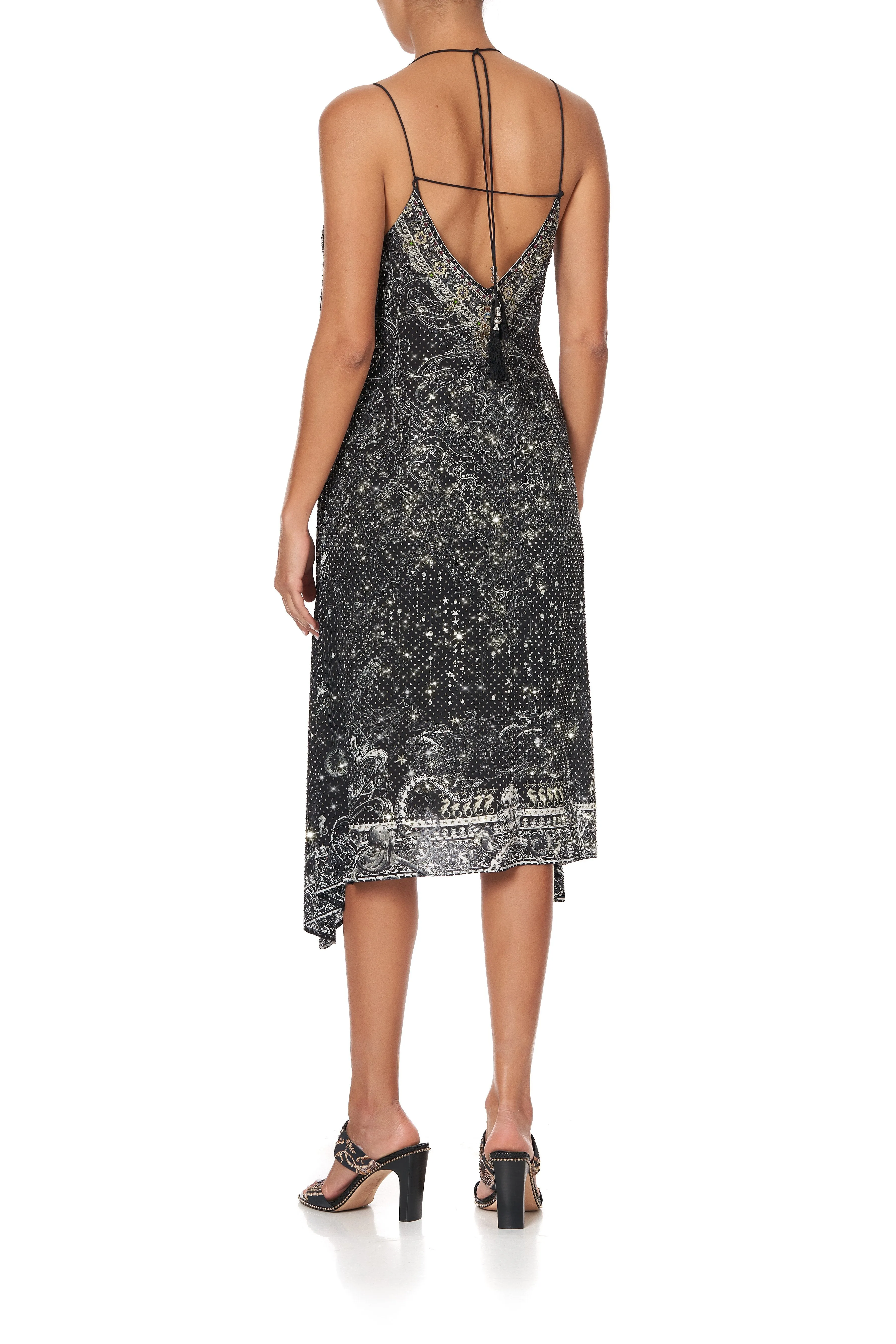 V-NECK STRAPPY FLARE DRESS MIDNIGHT PEARL
