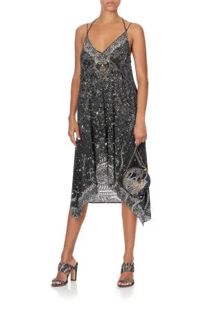 V-NECK STRAPPY FLARE DRESS MIDNIGHT PEARL