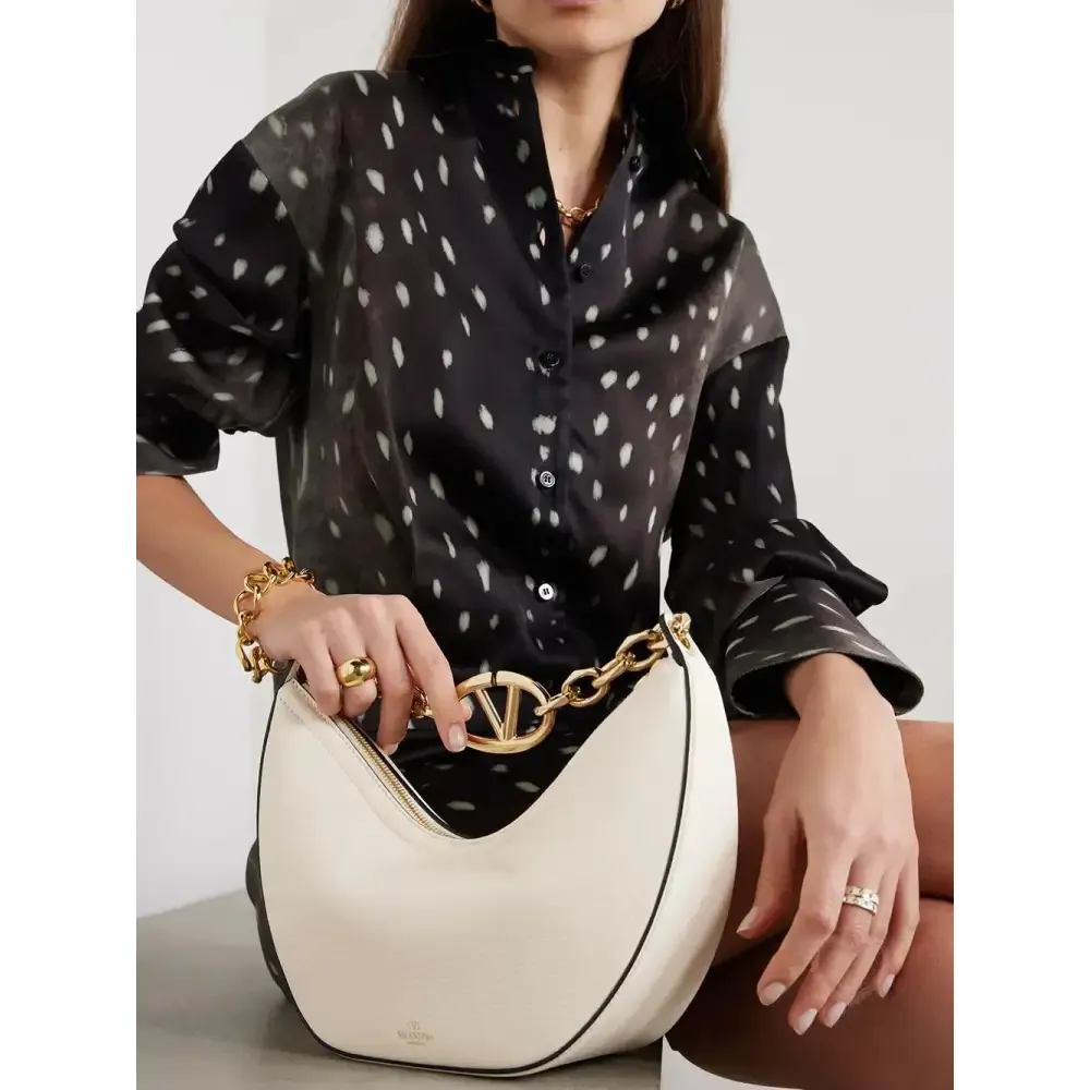 Valentino Garavani Ivory Leather Small Hobo Vlogo Shoulder Bag