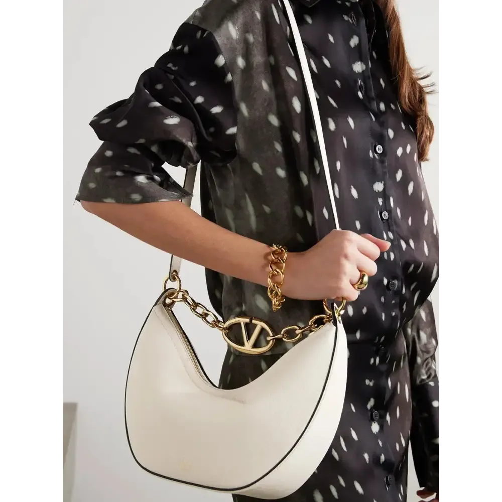 Valentino Garavani Ivory Leather Small Hobo Vlogo Shoulder Bag