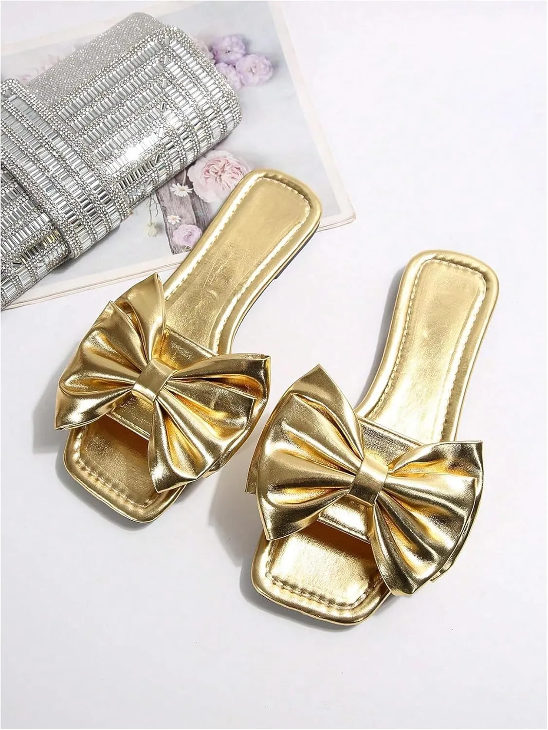 Verdusa Women's Metallic Bowknot Dressy Sandals Square Toe Slip on Slippers