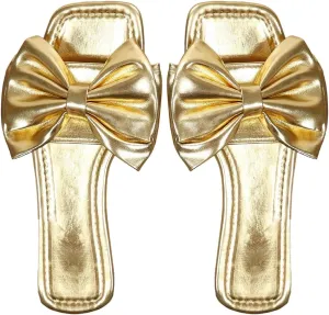 Verdusa Women's Metallic Bowknot Dressy Sandals Square Toe Slip on Slippers