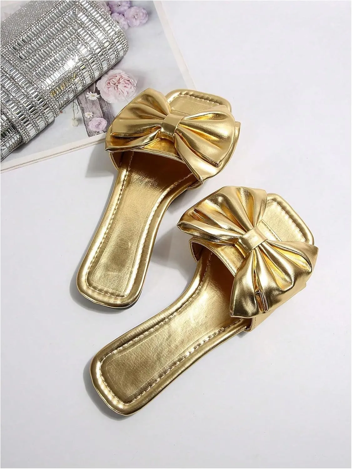 Verdusa Women's Metallic Bowknot Dressy Sandals Square Toe Slip on Slippers