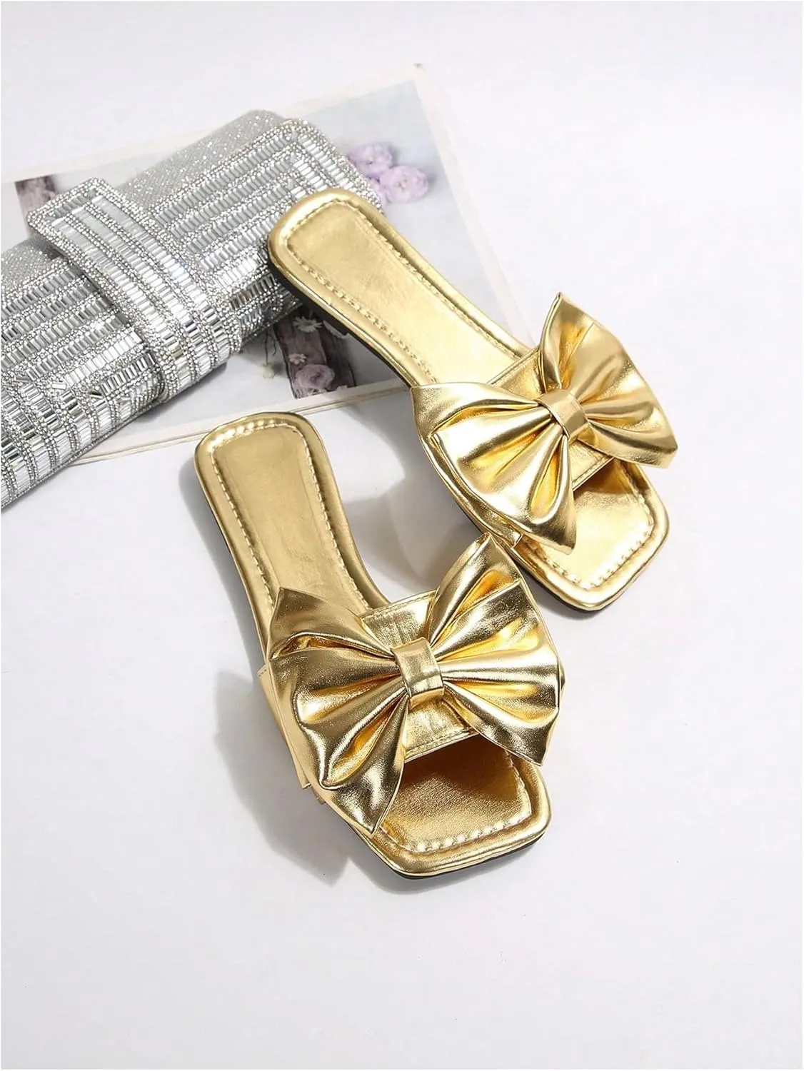 Verdusa Women's Metallic Bowknot Dressy Sandals Square Toe Slip on Slippers