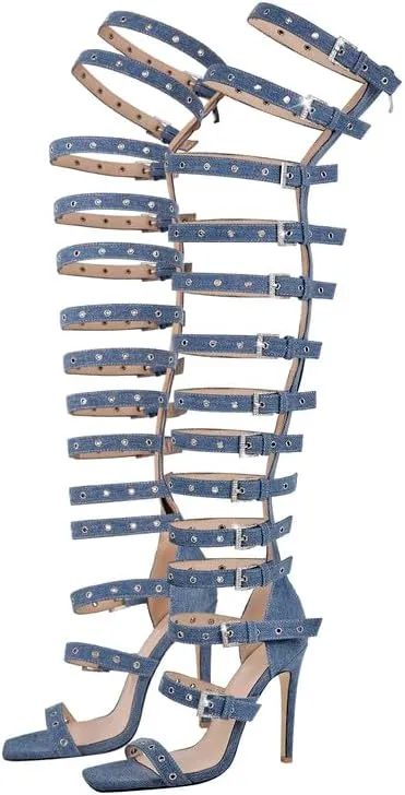 VERISSON Canvas Sandals with Rhinestone Grommets for Women Square Toe back Zippers Pump Sandals Comfortable Wedding Shoes