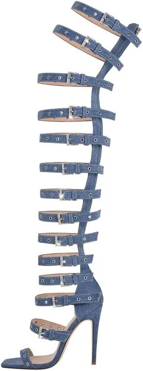 VERISSON Canvas Sandals with Rhinestone Grommets for Women Square Toe back Zippers Pump Sandals Comfortable Wedding Shoes
