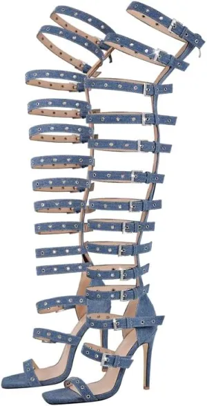 VERISSON Canvas Sandals with Rhinestone Grommets for Women Square Toe back Zippers Pump Sandals Comfortable Wedding Shoes