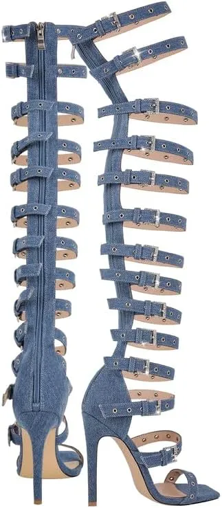 VERISSON Canvas Sandals with Rhinestone Grommets for Women Square Toe back Zippers Pump Sandals Comfortable Wedding Shoes