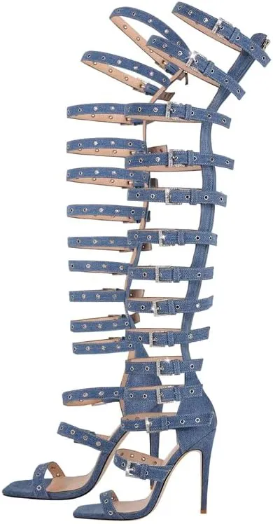 VERISSON Canvas Sandals with Rhinestone Grommets for Women Square Toe back Zippers Pump Sandals Comfortable Wedding Shoes