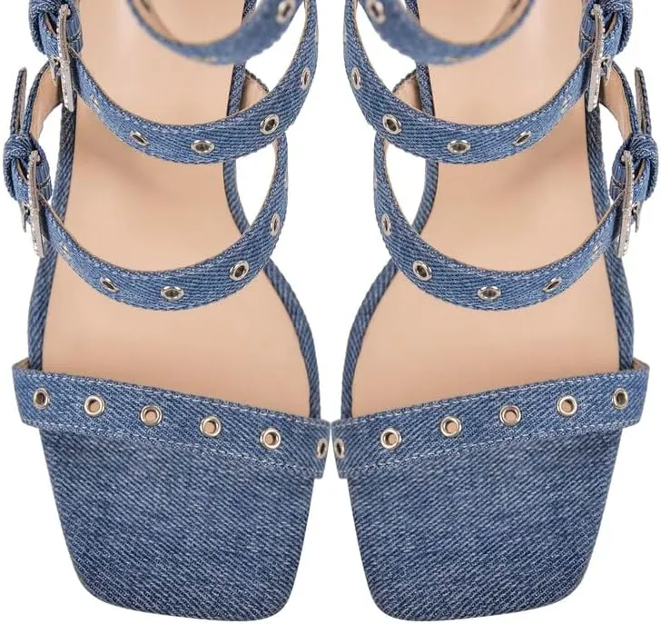 VERISSON Canvas Sandals with Rhinestone Grommets for Women Square Toe back Zippers Pump Sandals Comfortable Wedding Shoes