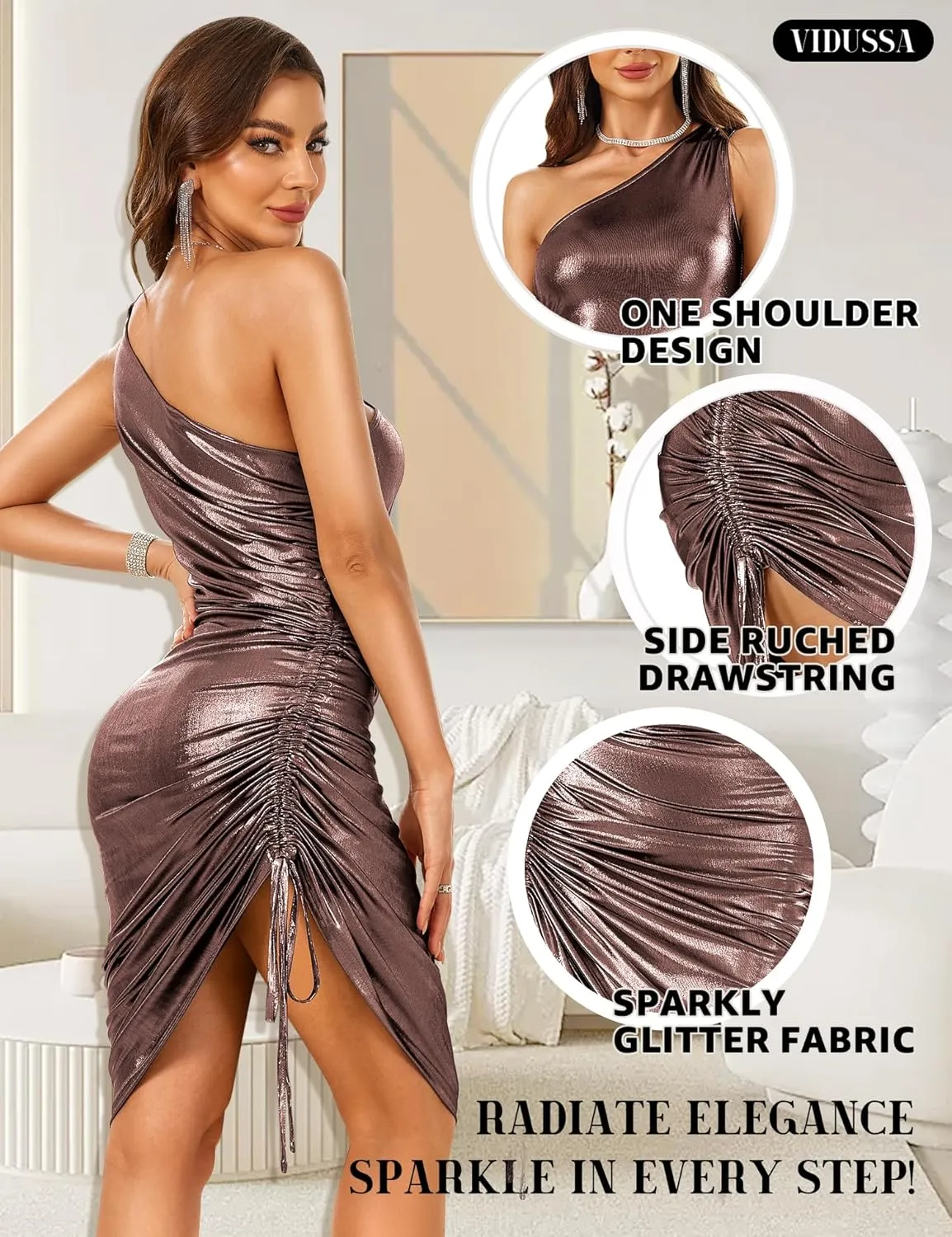 VIDUSSA One Shoulder Sparkly Dress - Sleeveless Ruched Bodycon Midi Cocktail High Slit Dress Glitter Women Party Club Dress