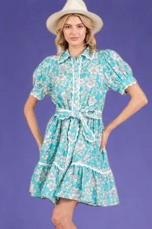 Vintage Floral Scalloped Mini Shirt Dress