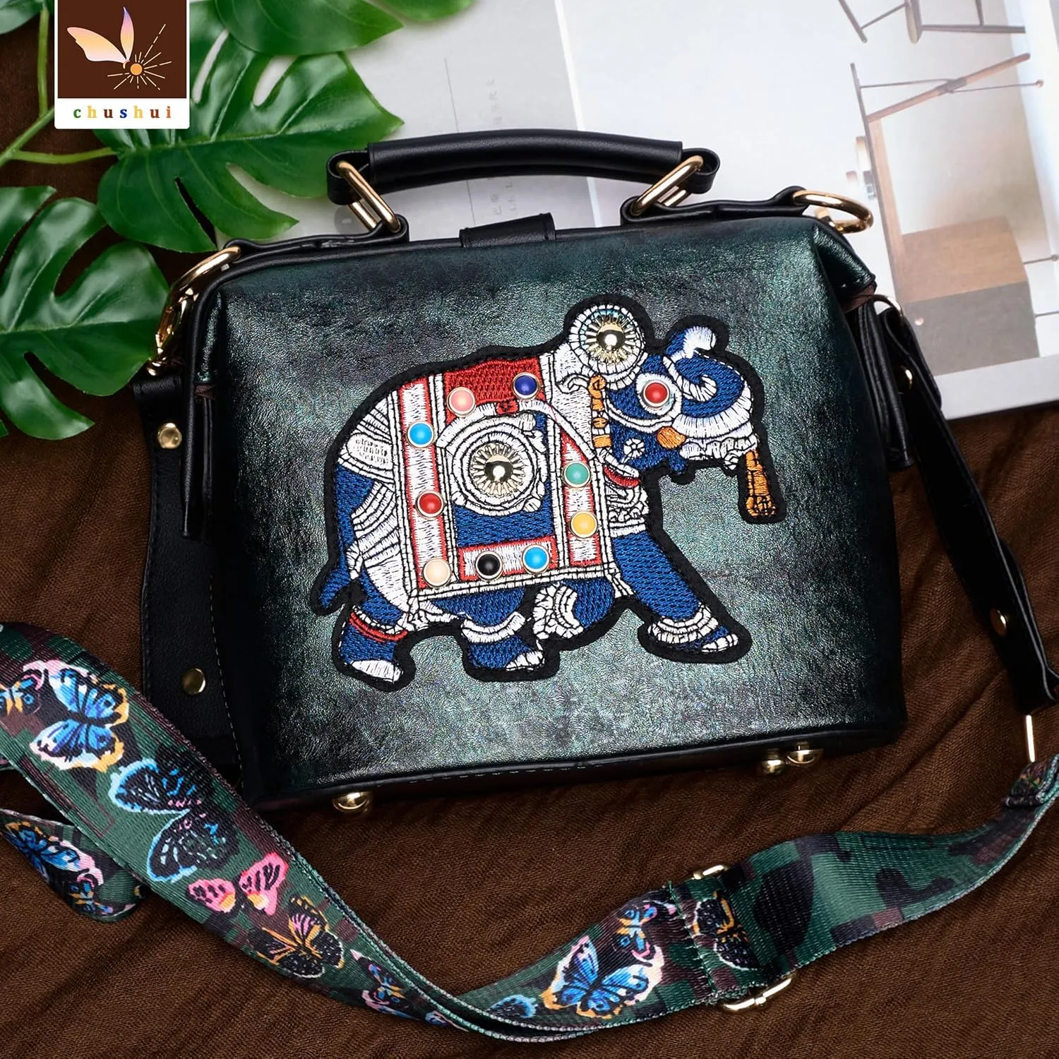 Vintage Thai Elephant Embroidery Crossbody Bag,Top Handle Purse for Women,Leather Handbag with Adjustable Strap
