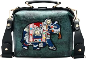 Vintage Thai Elephant Embroidery Crossbody Bag,Top Handle Purse for Women,Leather Handbag with Adjustable Strap