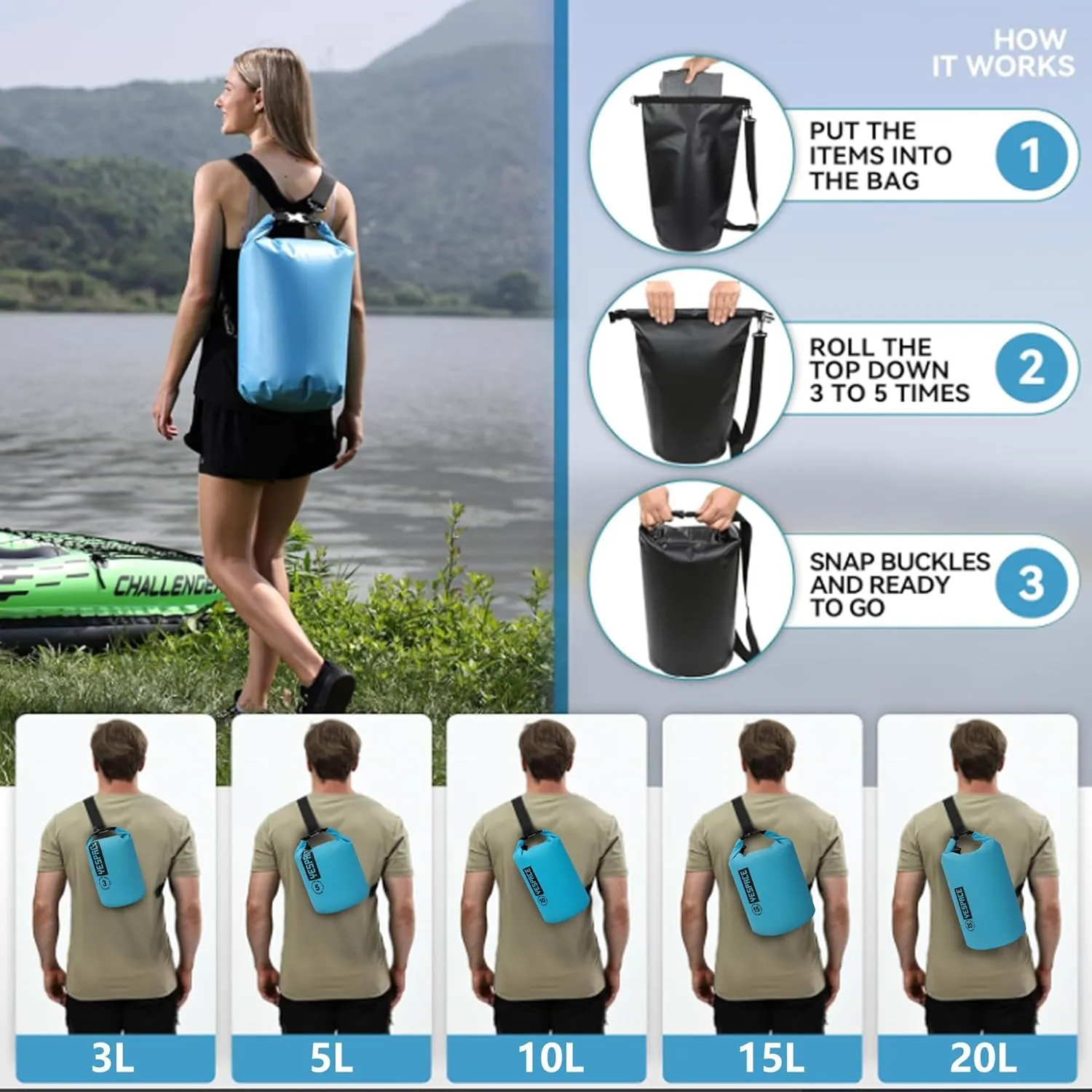 Waterproof Crossbody Dry Bag Backpack 3L/5L/10L/15L/20L Floating Dry Sack for Kayaking Boating Outdoors Activities,Swimming, Camping, Skiing (15L)