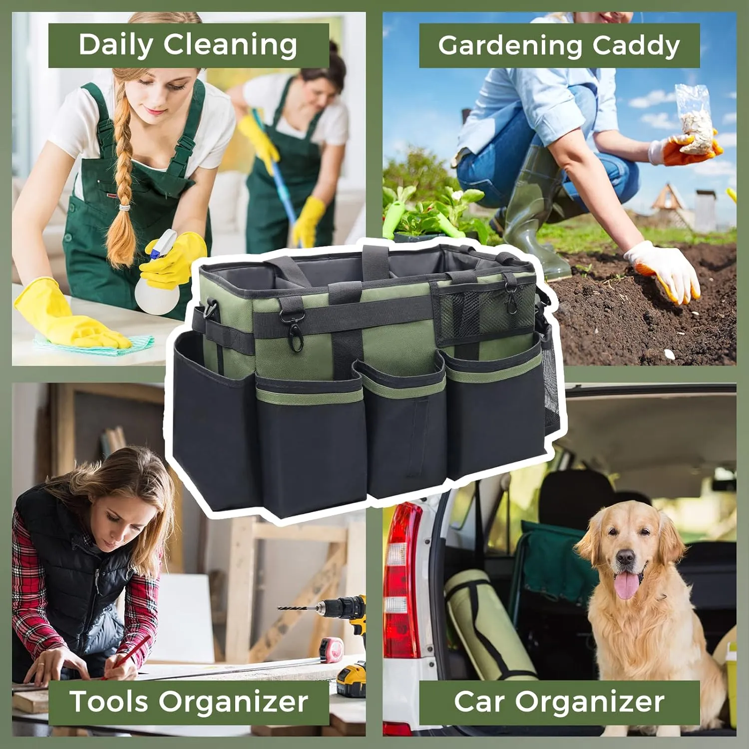 Wearable Cleaning Caddy Organizer with Handle & Shoulder Straps for Housekeepers, Under Sink & Car Cleaning Tool Organizer Bag with 4 Foldable Dividers (Green)
