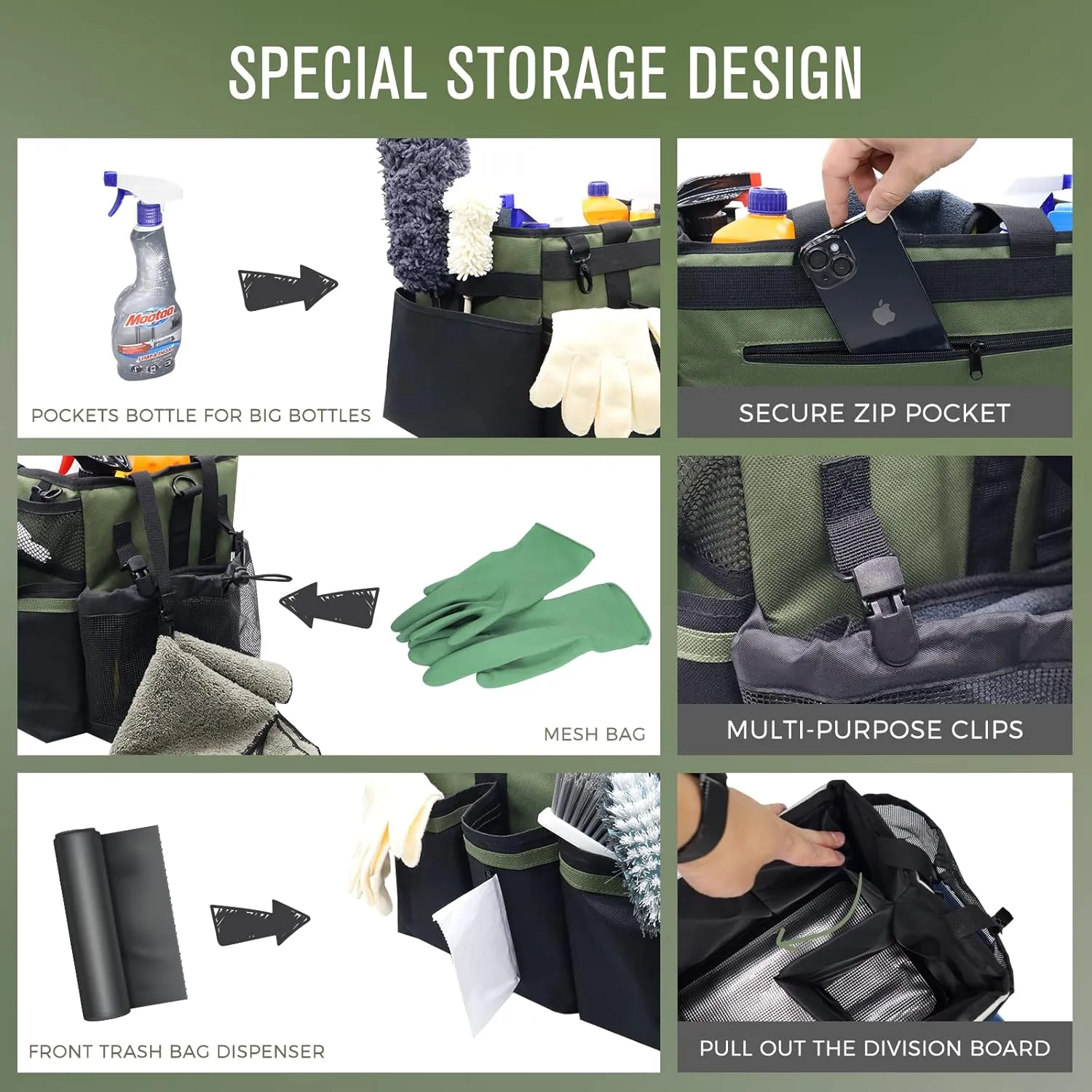 Wearable Cleaning Caddy Organizer with Handle & Shoulder Straps for Housekeepers, Under Sink & Car Cleaning Tool Organizer Bag with 4 Foldable Dividers (Green)