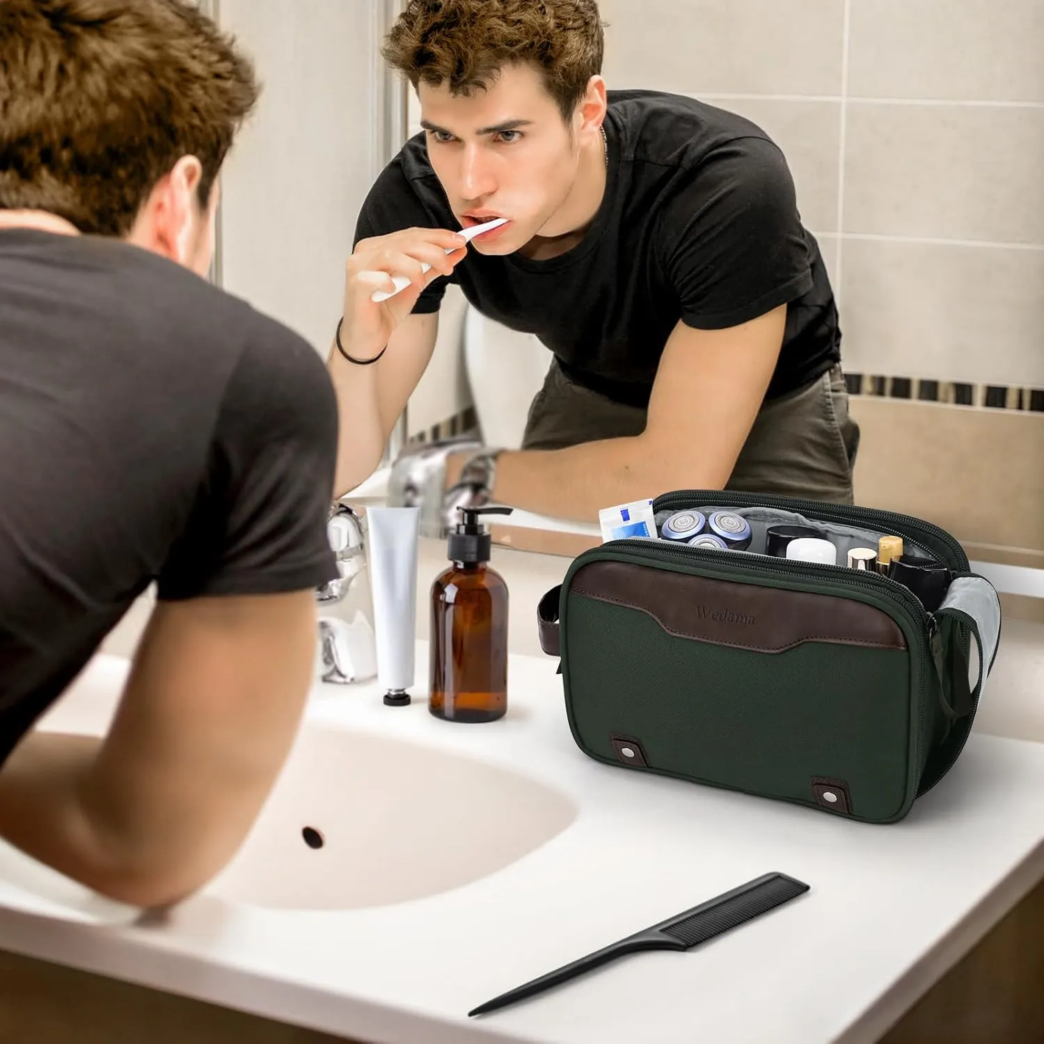 Wedama Toiletry Bag for Men, Medium Hanging Travel Toiletry Bag, Extra Electronic Organizer Bag Waterproof Shaving Bag for Toiletry with PU Handle for Travel Business Trips Swim Camping, Green  Brown