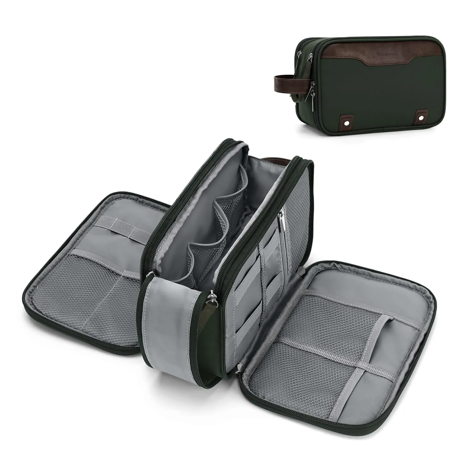 Wedama Toiletry Bag for Men, Medium Hanging Travel Toiletry Bag, Extra Electronic Organizer Bag Waterproof Shaving Bag for Toiletry with PU Handle for Travel Business Trips Swim Camping, Green  Brown