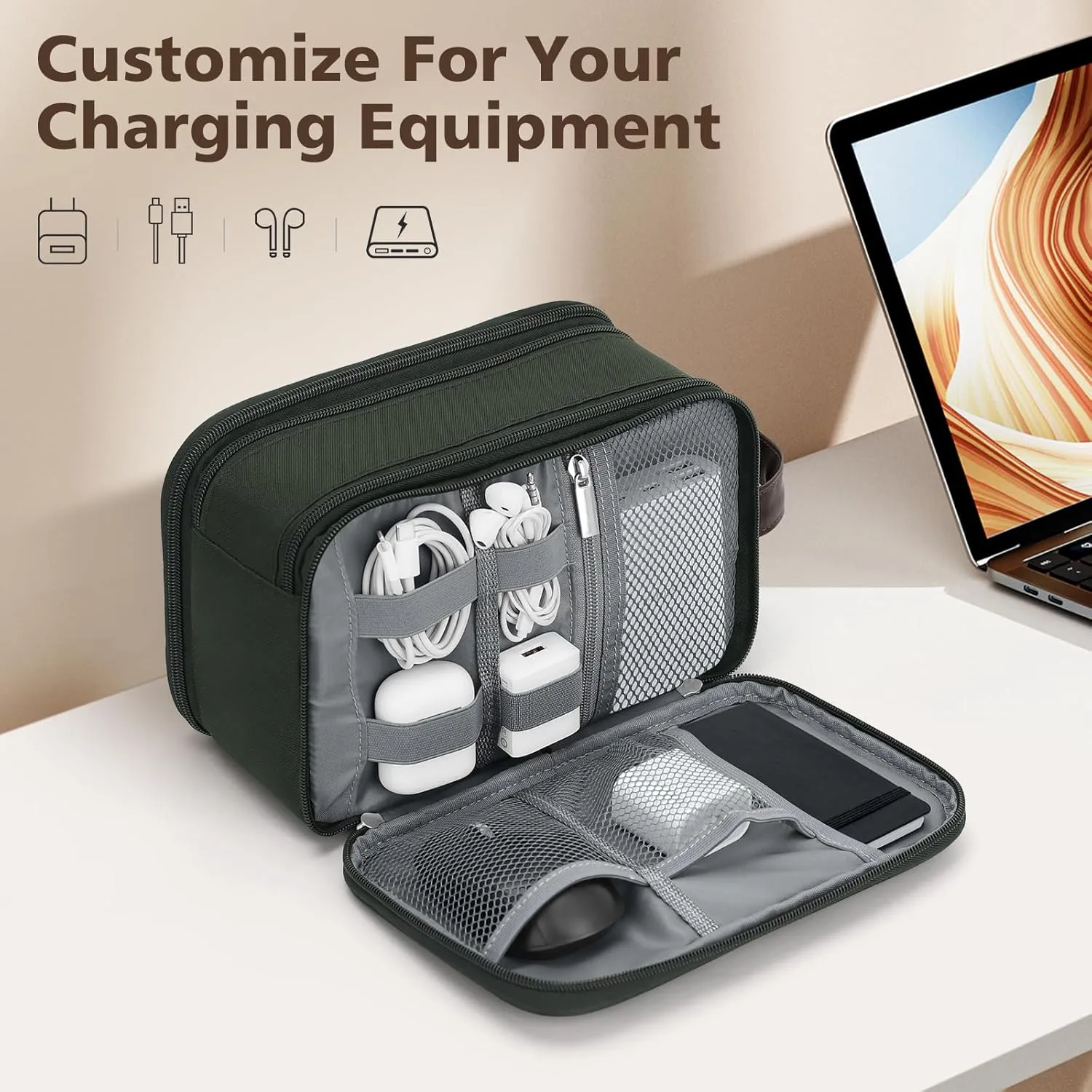 Wedama Toiletry Bag for Men, Medium Hanging Travel Toiletry Bag, Extra Electronic Organizer Bag Waterproof Shaving Bag for Toiletry with PU Handle for Travel Business Trips Swim Camping, Green  Brown