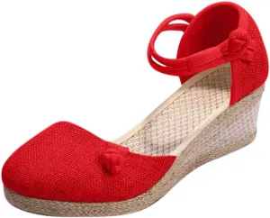 Wedge Sandals for Women 2024 Women Ladies Retro Canvas Wedge Round Toe Casual Sandals Singles Shoes