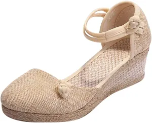 Wedge Sandals for Women 2024 Women Ladies Retro Canvas Wedge Round Toe Casual Sandals Singles Shoes